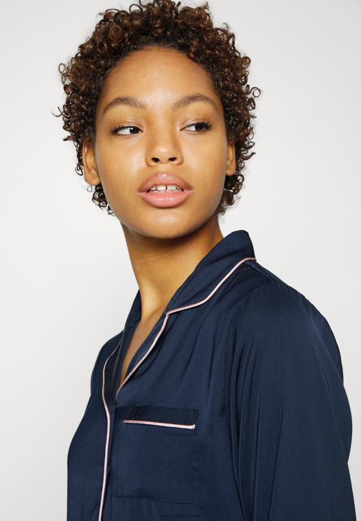 Anna Field kvinner amanda langermet kortsett pyjamassett mørkeblått P266L1059