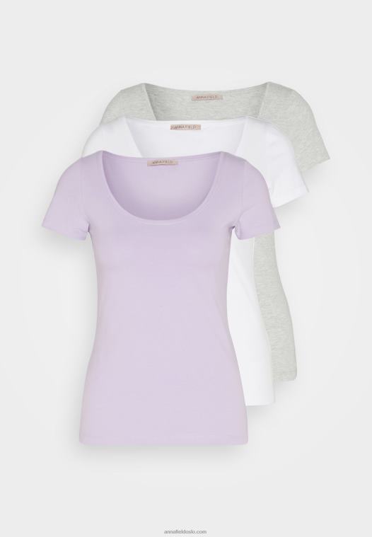 Anna Field kvinner 3-paks basic t-skjorte lilla/hvit/flekkete lysegrå P266L264