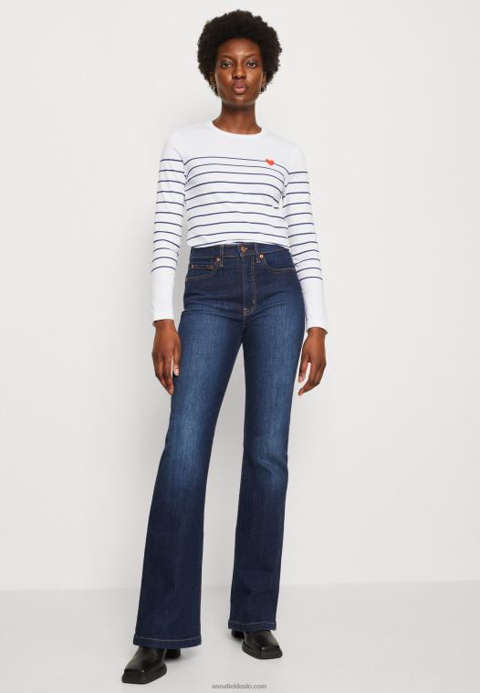 Anna Field kvinner langermet topp hvit/mørkeblå P266L590