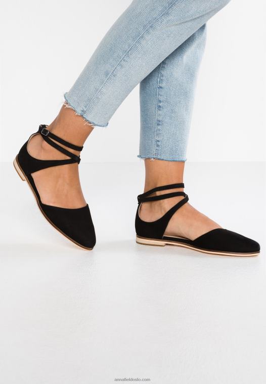 Anna Field kvinner ankelstropp i skinn ballettpumps svart P266L2156