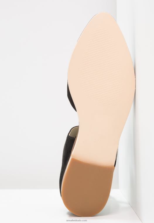 Anna Field kvinner ankelstropp i skinn ballettpumps svart P266L2159