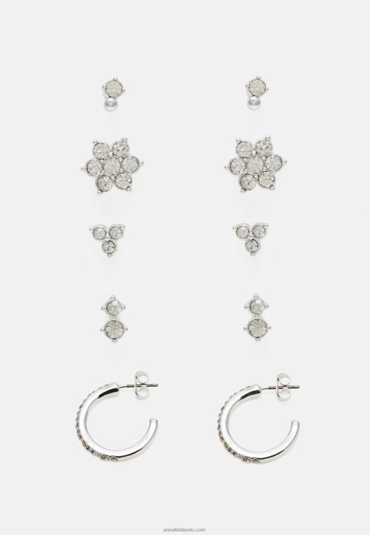 Anna Field kvinner 5-pakning ørepynt sølvfarget P266L2662